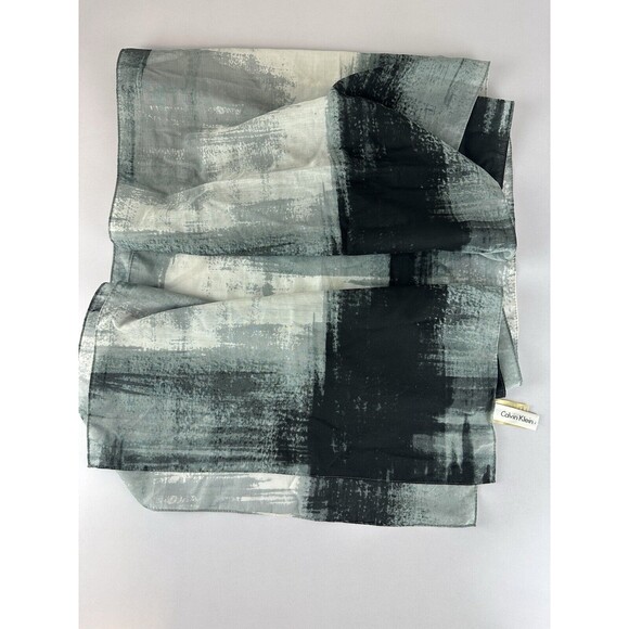 CALVIN KLEIN 100 % POLYESTER SCARF SHAWL 72"X 15" BLACK GRAY WHITE - Picture 7 of 12